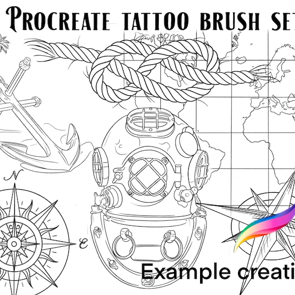 Nautical-inspired Procreate tattoo brush set and stamps featuring compass and anchor elements.