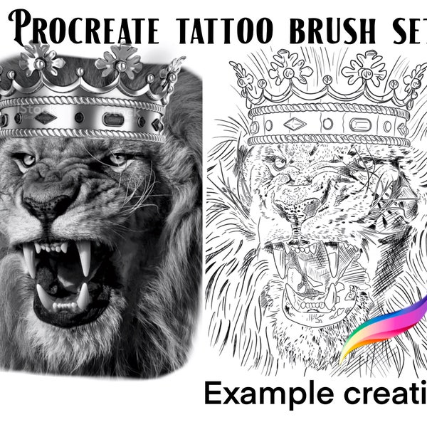 Procreate Tattoo Stamp and reference image of Lion and Crown