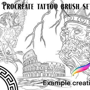 Procreate tattoo brush set and stamps inspired by Greek mythology, featuring Pegasus and Zeus designs.