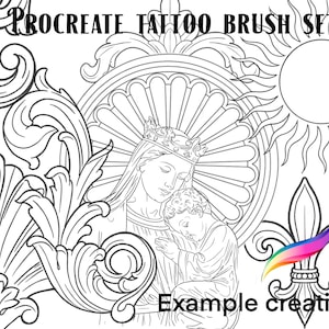 May include: Black and white line art illustration of a woman with a crown holding a child. The woman and child are surrounded by a circular design with a sun and a fleur-de-lis in the background. The text "Example creation" is at the bottom of the image.