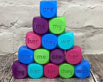 Phase 3 tricky word dice, letters & sounds, word recognition, Montessori, EYFS, early reading, early literacy, early spelling