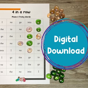 May include: A printable 4 in a row game for kids learning Phase 2 tricky words. The game board has a grid with the words "I", "no", "go", "into", "the", "to" printed in each square. There are colorful glass gems with the same words printed on them.
