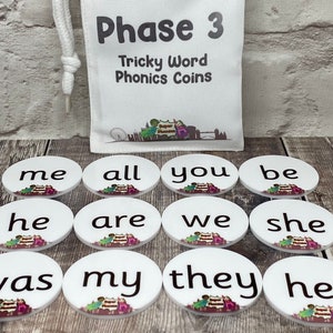 Phase 3 Tricky Word coins, letters & sounds, word recognition, Montessori, EYFS, early reading, early literacy, Phonics, early spelling