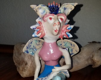 Orchid Sitting Fairy Sculpture - Pastel Pink and Blue - Fantasy Fairy Collection