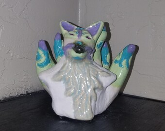 Ceramic Kitsune/Fox Bust Sculpture- White, Green, Blue, Purple