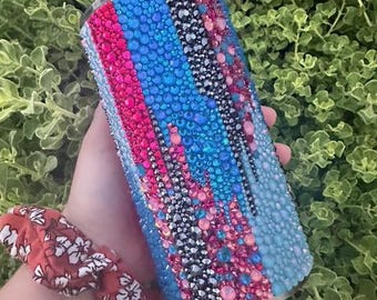 Painted Brushstrokes, Ladies in Blue: Rhinestoned- Stainless Steel 16OZ | Full bling Rhinestone Tumbler | Pink and Blue