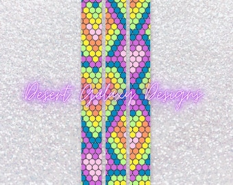 May include: Three colorful pens with a geometric pattern of pink, yellow, blue, and orange circles. The pens have black caps and are arranged vertically.