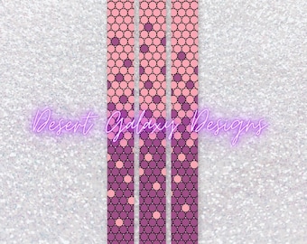 May include: Three pink and purple patterned pens with black caps. The pattern is a repeating circle design.