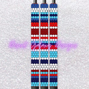 May include: Three black pens with a red, white, and blue geometric pattern. The pattern is made up of circles and stripes.