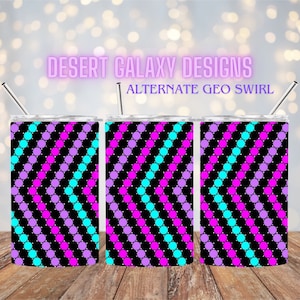 May include: Three stainless steel tumblers with a black background and a geometric pattern of pink, purple, and turquoise circles. The tumblers are labeled "DESERT GALAXY DESIGNS | ALTERNATE GEO SWIRL".