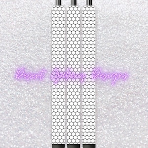 May include: Three black and white patterned pens with black caps. The pattern is a repeating circle design.