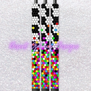 May include: Three black pens with a colorful honeycomb pattern. The pattern features white, black, red, orange, yellow, green, blue, purple, and pink circles.