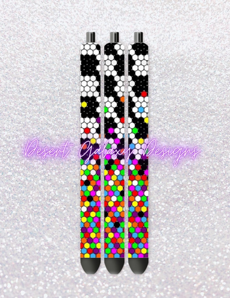May include: Three black pens with a colourful honeycomb pattern. The pattern features white, black, red, orange, yellow, green, blue, purple and pink circles.