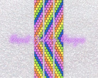 May include: Three black pens with colorful geometric patterns. The patterns are made up of small circles in shades of pink, orange, yellow, green, blue, and black. The pens are arranged in a row from left to right.