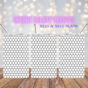 May include: Three stainless steel tumblers with a white background and a black honeycomb pattern. The tumblers are labelled "SS20 & SS10 BLANK".