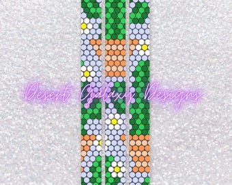 May include: Three pens with a green, white, and orange geometric pattern. The pattern features small circles and flowers.