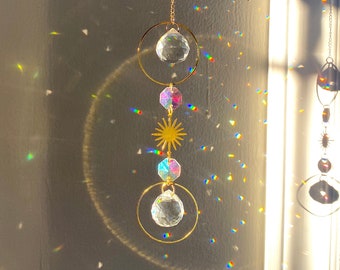 Star Sun Catcher | Hanging Gold Crystal Prism | Sun Boho Window Hanger | Christmas Gift | Aura Rainbow Car Accessory | Suncatcher