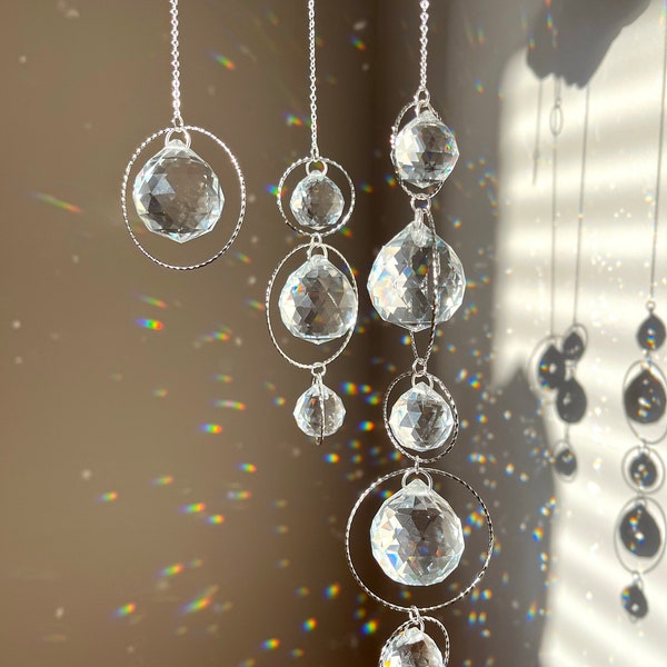 Luxury Silver Sun Catcher | Hanging Crystal Prism | Sun Window Hanger | Spiral Hoop | Aura Rainbow | Bridesmaid Gift | 20mm 30mm Suncatcher