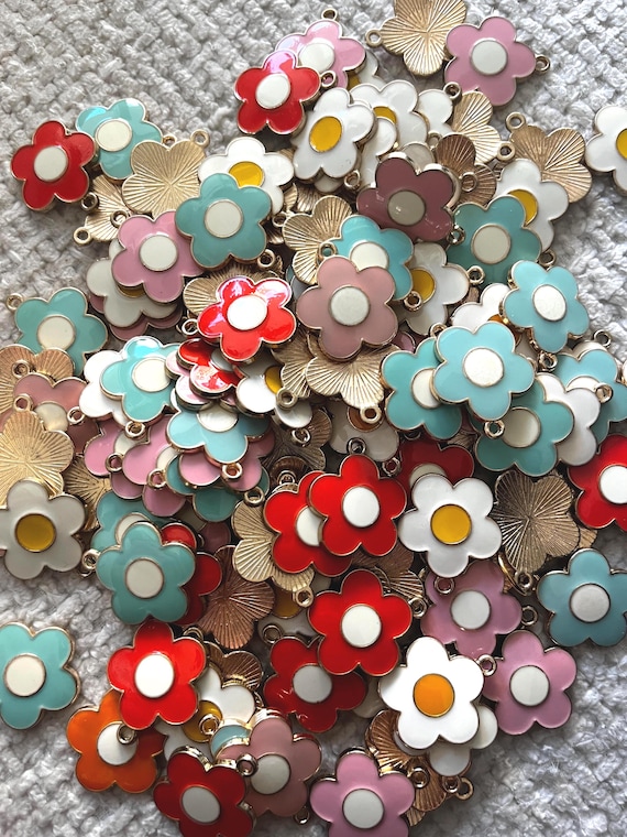 Bulk Charms - 25/50 Retro Flower Enamel Charms - Jump Ring NOT Included | Roller Skate Accessory 90's Flower - Pink Orange Blue Flower