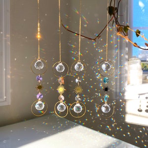 Double Star Sun Catcher | Hanging Gold Crystal Prism | Sun Boho Window Hanger | Peach Blue Purple | Aura Rainbow Car Accessory | Suncatcher