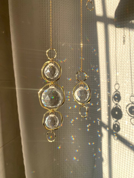 Bangle Sun Catcher | Hanging Gold Crystal Prism | Sun Window Hanger | Spiral Hoop | Aura Rainbow | Bridesmaid Gift | 20mm 30mm Suncatcher
