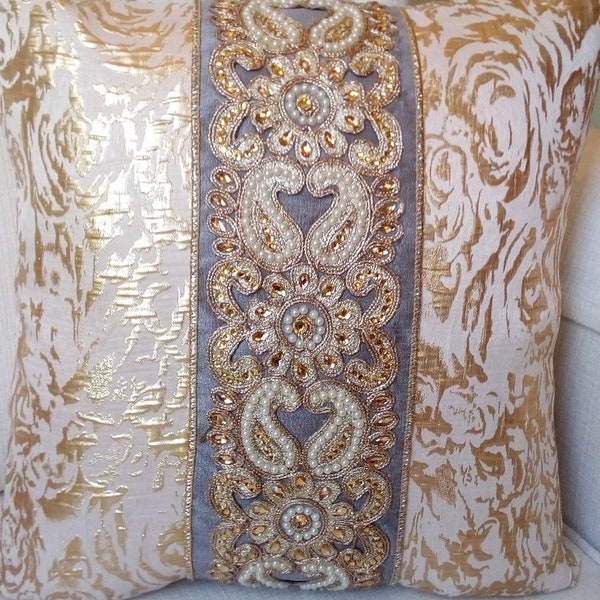 Gold & ivory damask pillow, floral motif, metal embroidery, amber rhinestones and seed-pearl trim, feather/down, hand-worked