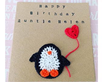 Handmade Personalised Penguin Balloon Birthday Card, Crochet Card, Cute, Cotton