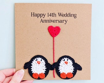 Handmade Personalized Anniversary Card, Crochet Card, Loveheart, Cotton, Penguin