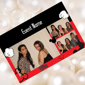 Puede incluir: Un telón de fondo de cabina de fotos rojo y negro con orejas y manos de Mickey Mouse. El telón de fondo tiene un espacio para un collage de fotos con el texto "Event Name" en la parte superior.