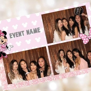 May include: A pink and white photo booth backdrop with a Minnie Mouse character and the text "EVENT NAME". The backdrop is decorated with white polka dots and Minnie Mouse ears. There are multiple photos of women in the photo booth.