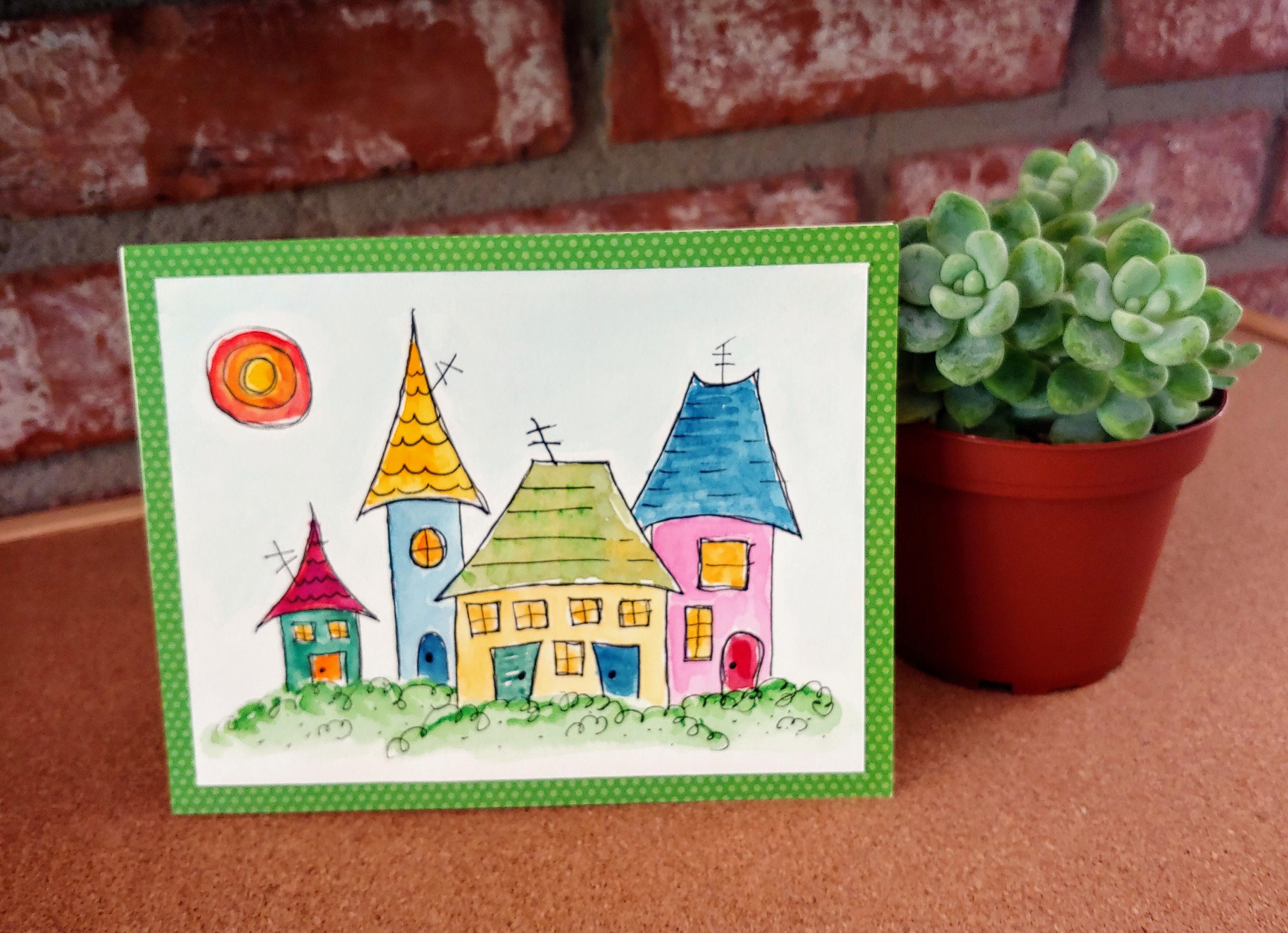 New Home Card Colorful Housewarming Whimsical Houses | Etsy