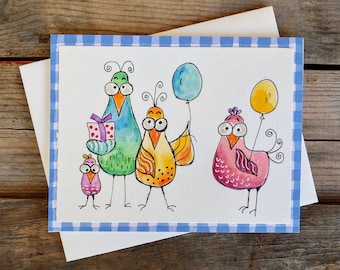 Silly Birthday Birds | Happy Birthday card | Watercolor Original artwork | From All of Us |