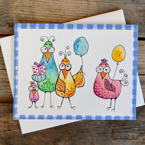 Silly Birthday Birds | Happy Birthday card | Watercolor Original artwork | From All of Us |