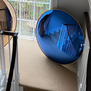 Blue Glass Convex Wall Mirror, Brushed Gold Frame (120cm)