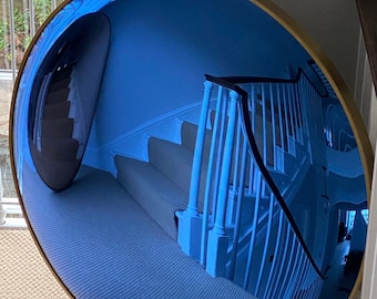 Portofino Blue Glass Convex Wall Mirror, Brushed Gold Frame 120 cms