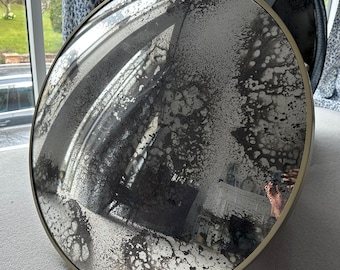 80cm Heavily Antiqued Convex Mirror - Brushed Gold Frame, Handmade in UK