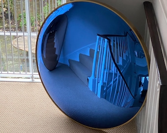 Dark Blue Convex Mirror – 80cm Handmade Wall Mirror – Brushed Gold Frame – Luxury Statement Mirror – House & Garden Style – UK Made