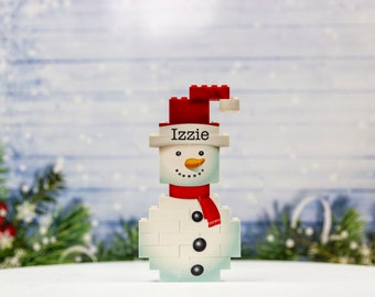 Personalised snowman, free standing ornament, made from building bricks