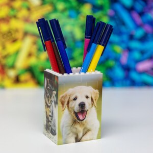 May include: A white plastic pencil holder with a picture of a cat and a golden retriever puppy. The holder has blue, red, and yellow pens inside.