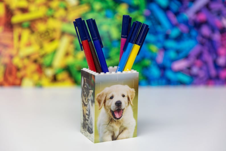 May include: A white plastic pencil holder with a picture of a cat and a golden retriever puppy. The holder has blue, red, and yellow pens inside.