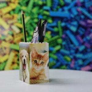 May include: A white pencil holder with a picture of a dog and a cat on the front. The holder is filled with a pencil and two pens.