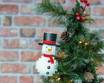 Personalised Snowman Bauble puzzle with top hat, made with small building bricks for Christmas Tree