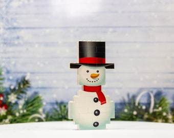 Personalised snowman ornament puzzle, made with building bricks, with top hat.  Personalise front, back or both