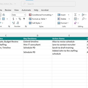May include: A spreadsheet with a teal header row and columns labelled "Meeting Date", "Attendees", "Agenda Topics", "Key Decisions", "Action Items", "Owner", "Due Date", and "Status". The spreadsheet contains meeting dates, attendees, agenda topics, key decisions, action items, owners, due dates, and status updates.