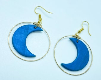 Peacock blue and gold wire moon earrings | POLYMER CLAY EARRINGS | lightweight | handmade | statement earrings