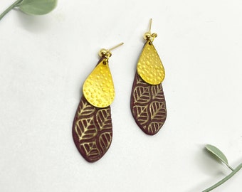 Maroon and Gold Embossed Drop Earrings | POLYMER CLAY EARRINGS | lightweight | handmade | statement earrings