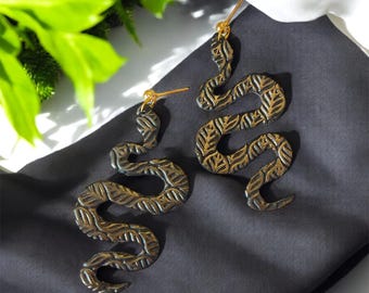 Black and Gold Embossed Snake earrings | POLYMER CLAY EARRINGS | lightweight | handmade | statement earrings