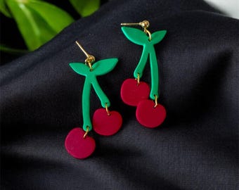 Dangle Cherry Earrings | POLYMER CLAY EARRINGS | Handmade | lightweight | Fruity
