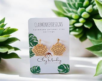 Gold Seashell Earrings | POLYMER CLAY EARRINGS | Lightweight | Handmade
