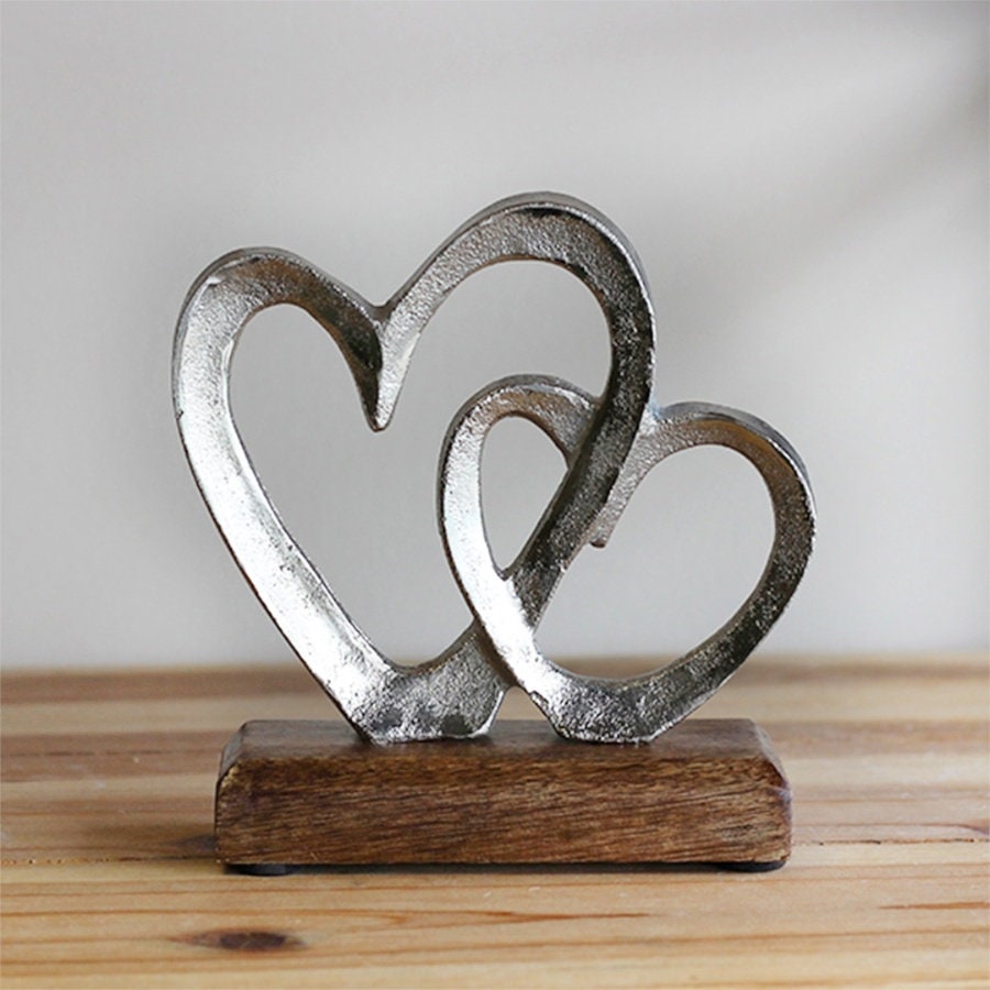 Luxurious Silver Heart sculpture on a Wooden Base Home Decor Etsy
